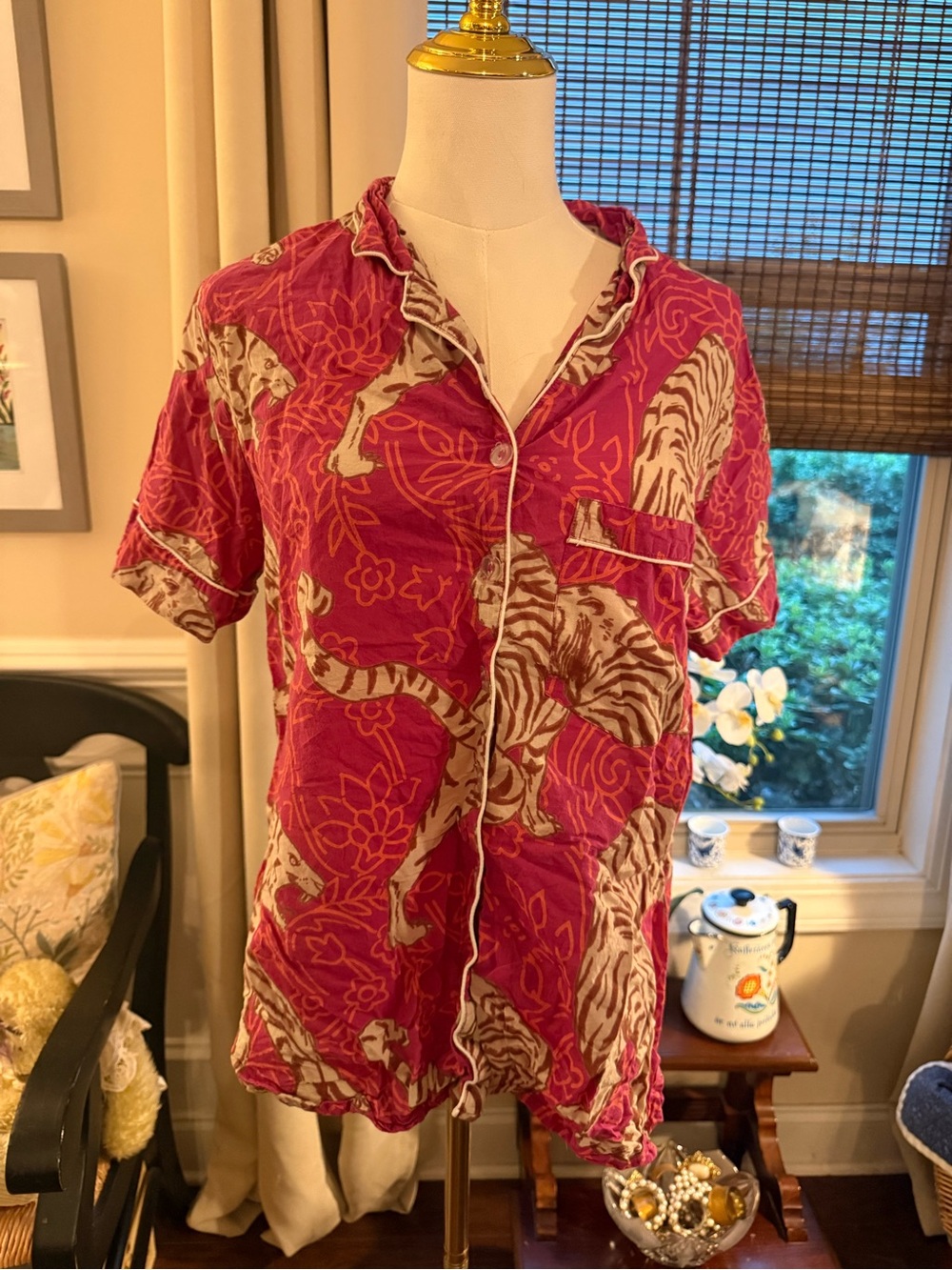 Women's 100% Cotton Pink Tiger Print Short Sleeve Button-Down Shirt